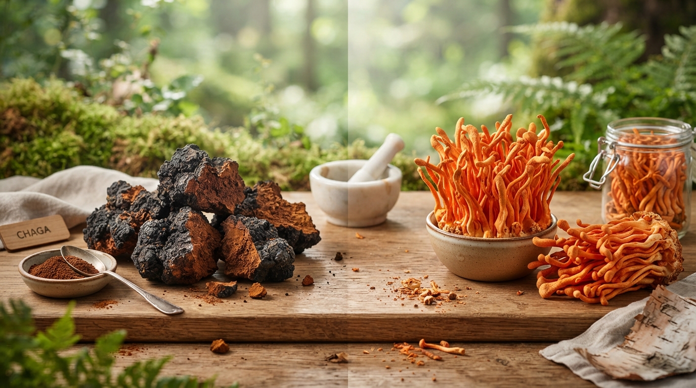 Editorial illustration for Chaga vs. Cordyceps: Immune Support or an Energy Boost?