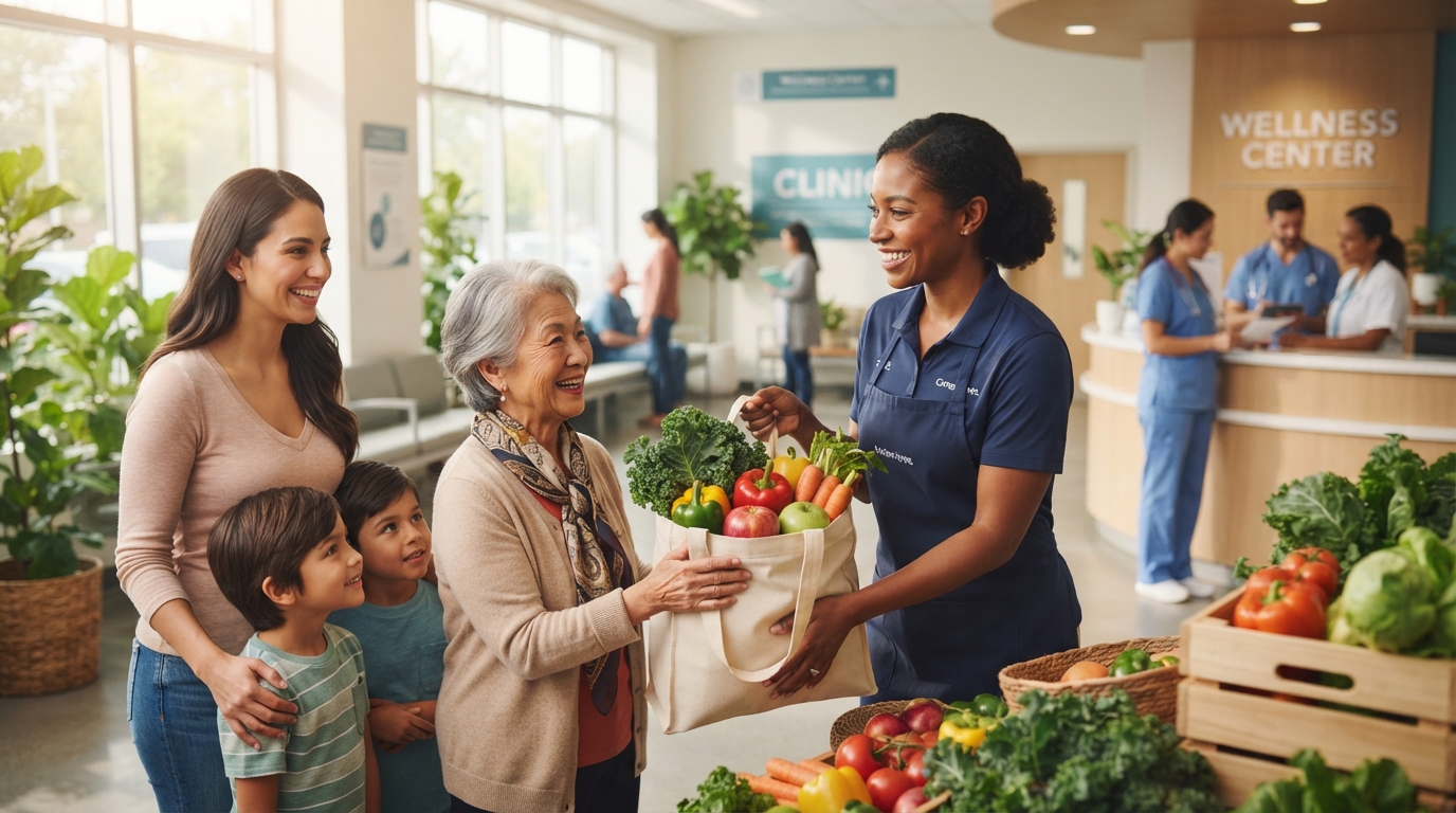 Community members receiving fresh produce from a healthcare provider as part of a 'Food is Medicine' program, highlighting health and community support.