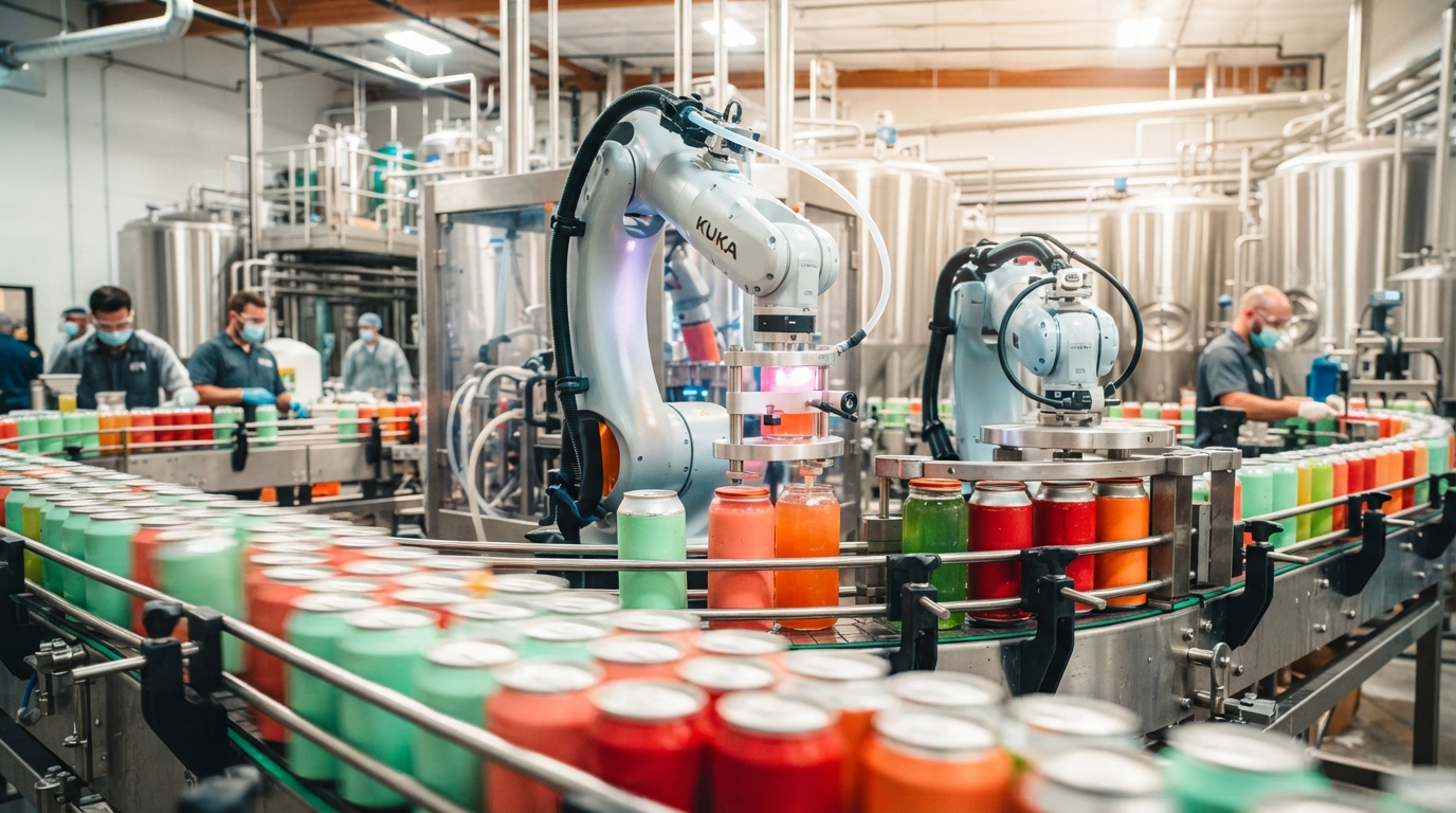 Robotic arms filling and sealing cans of various canned cocktails on a high-tech production line at Anheuser-Busch's Baldwinsville brewery.