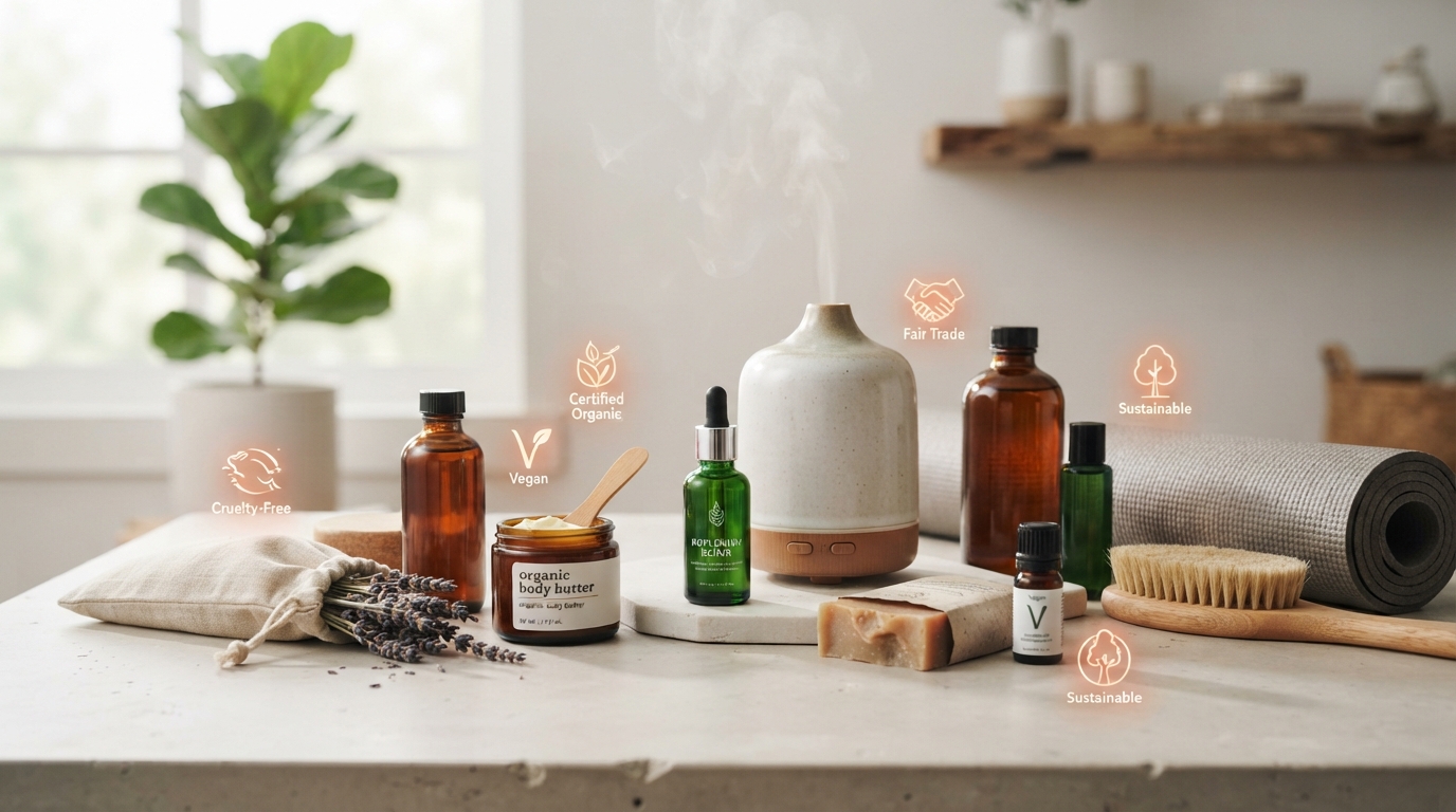 A curated selection of non-food wellness products with subtle, glowing ethical sourcing certification icons, emphasizing transparency and trust.