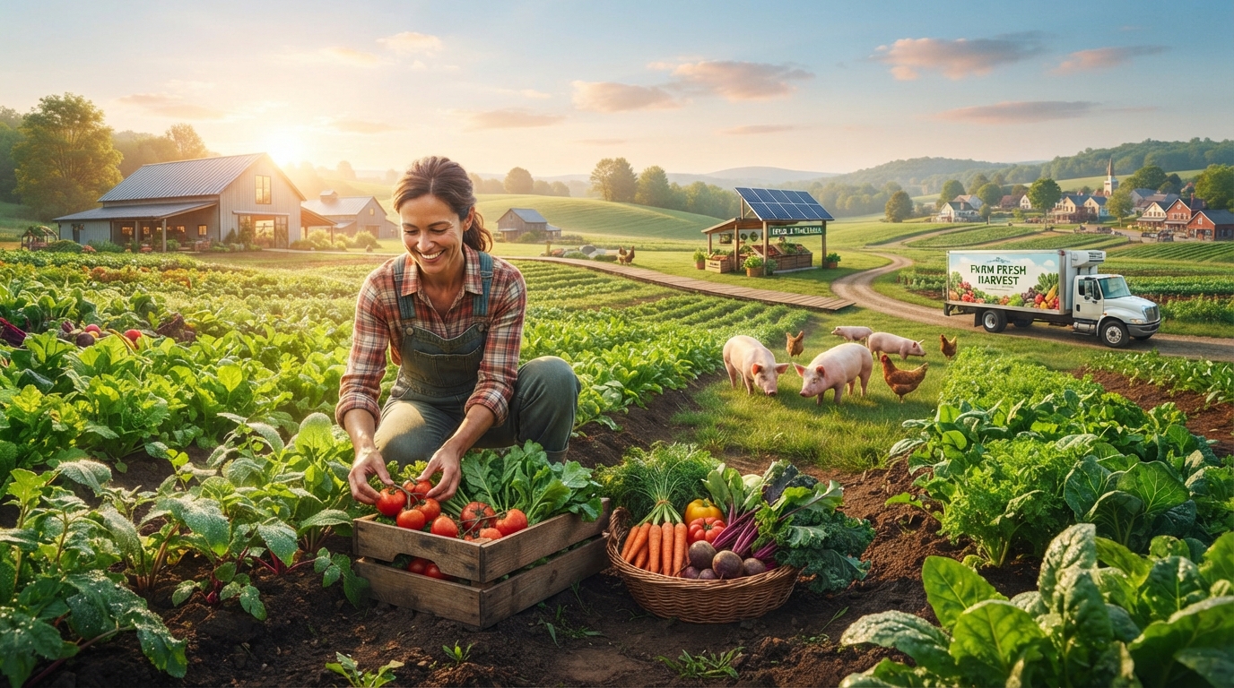 A visually appealing and ethically managed farm scene, symbolizing transparent and sustainable food supply chains from origin to consumer.