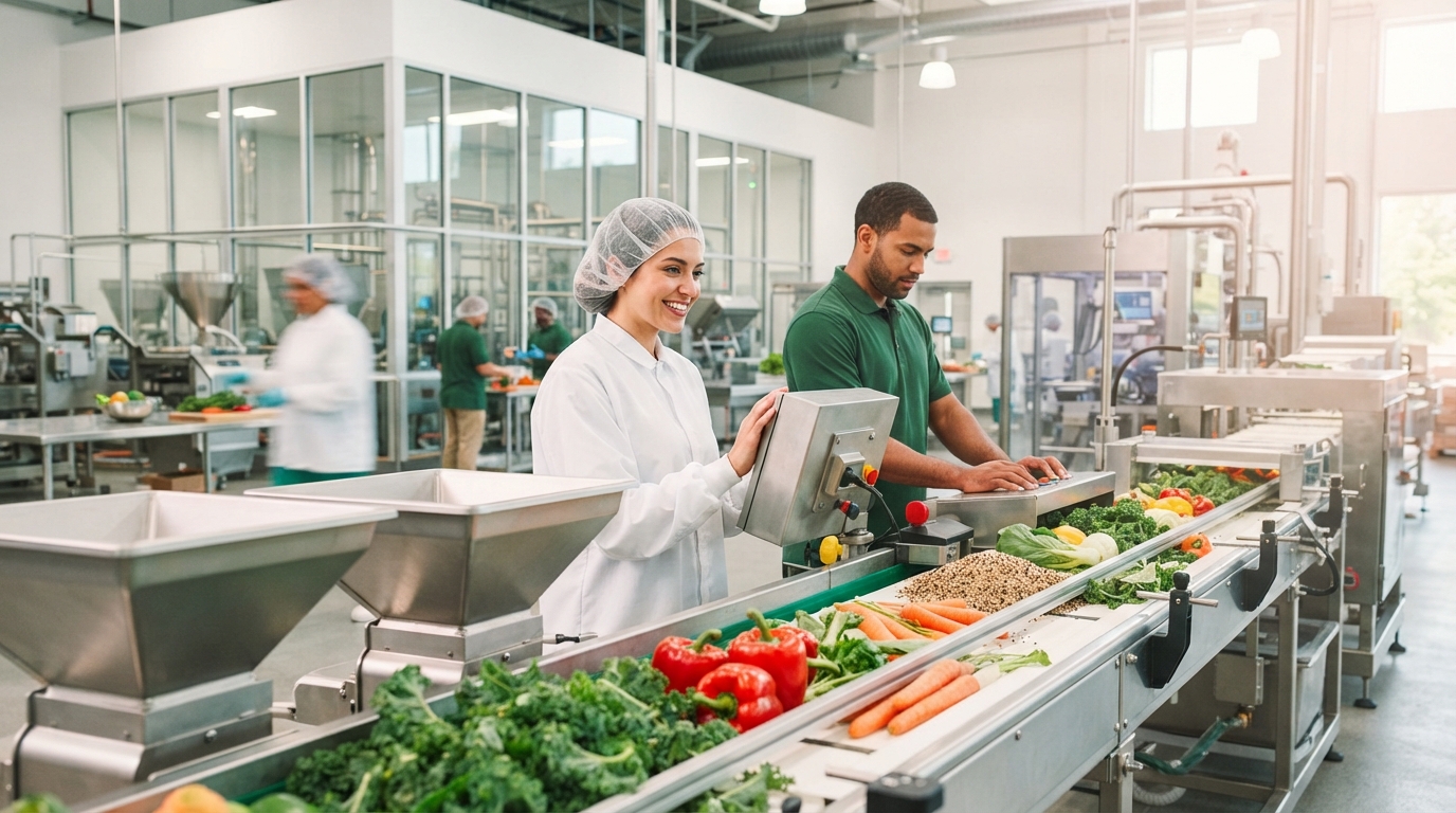 A modern food manufacturing facility with advanced machinery, symbolizing the large-scale reduction of sugar and sodium in packaged goods.