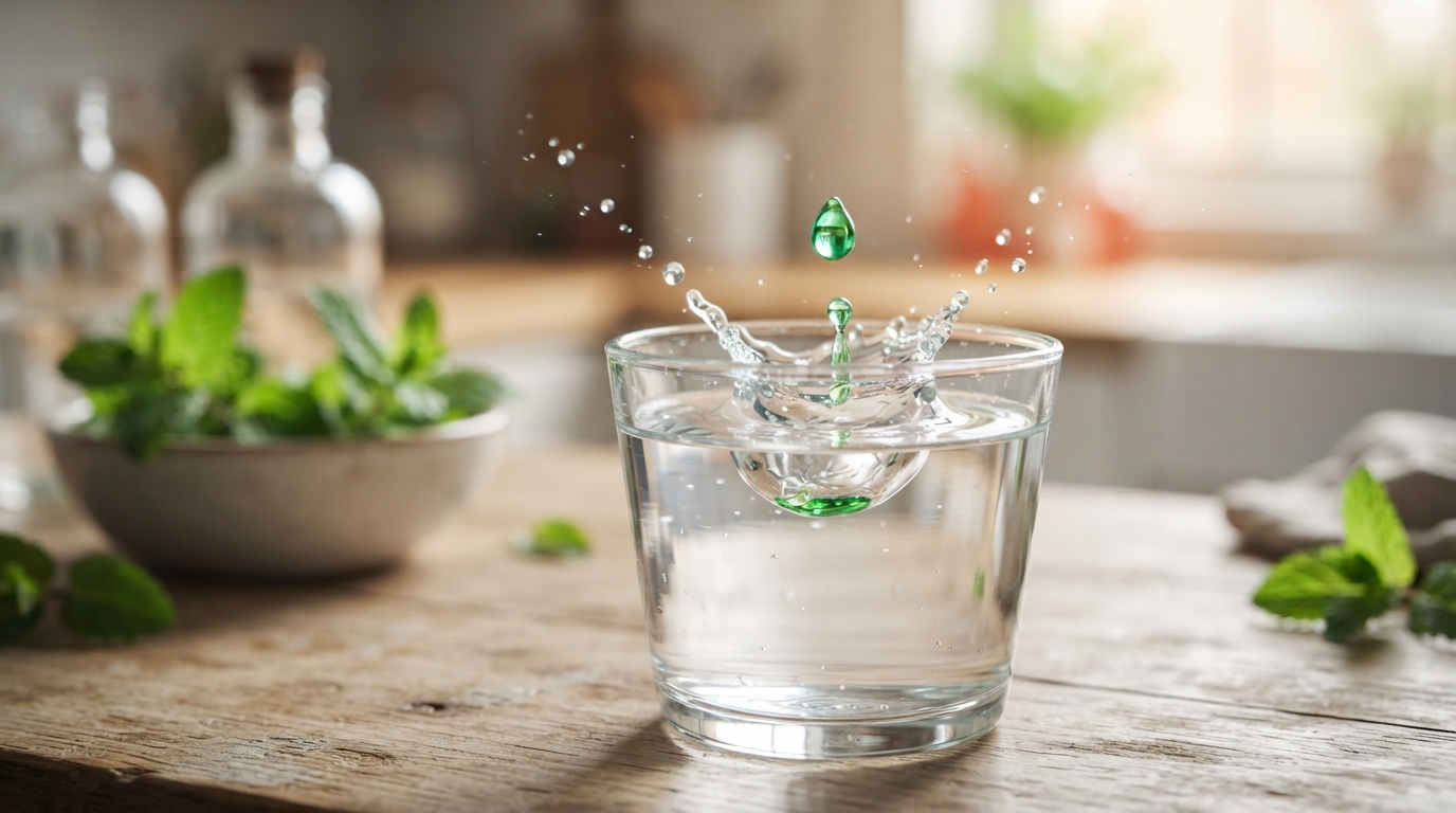 A single drop of potent peppermint essential oil falling into a glass of water, symbolizing its concentrated nature and potential for flavor.