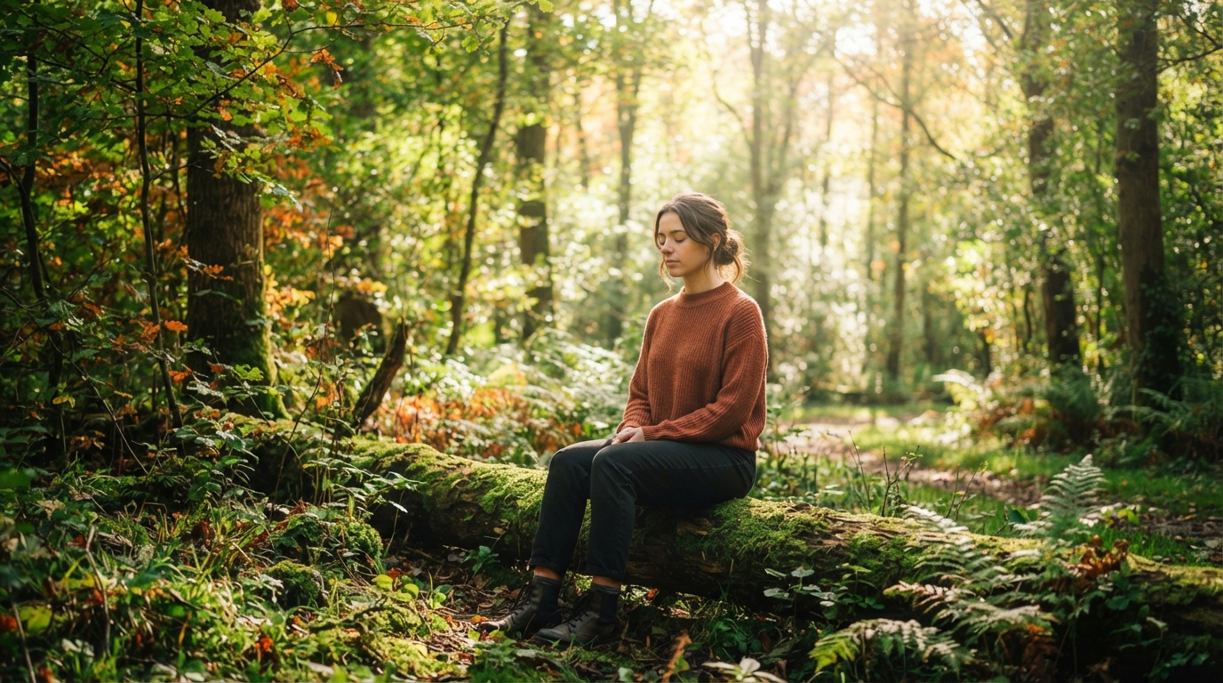 A person meditating peacefully on a log in a sun-dappled forest, experiencing the calming effects of nature therapy.