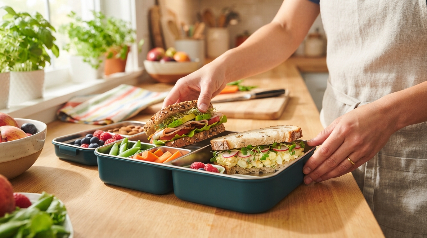 Two healthy and delicious back-to-school sandwiches, one with whole wheat bread and fresh vegetables, the other a classic with a creative touch, ready for a child's lunchbox.
