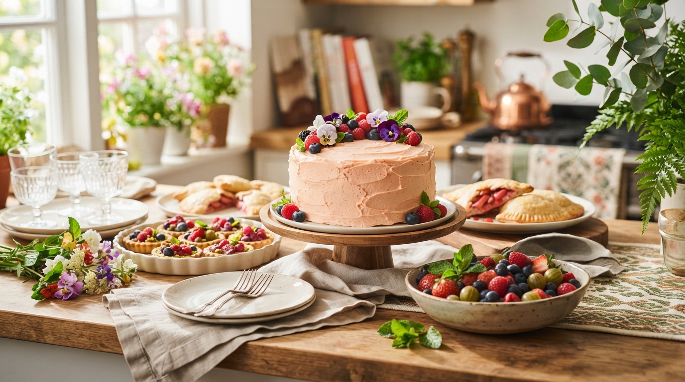 A sunlit kitchen counter showcasing a variety of healthy spring baked goods, including fruit tarts and decorated cakes, emphasizing fresh ingredients and vibrant colors.
