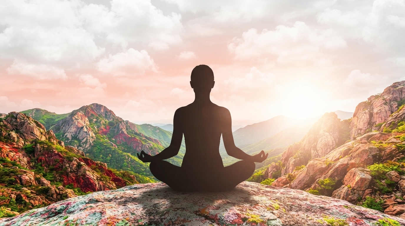 Person meditating peacefully in a sunlit forest clearing, symbolizing stress reduction and mental clarity through mindfulness.