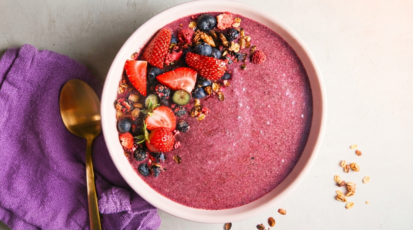 A close-up shot of a bowl filled with fresh, ripe blueberries, showcasing their deep blue color and plump texture, with a few other mixed berries scattered around.