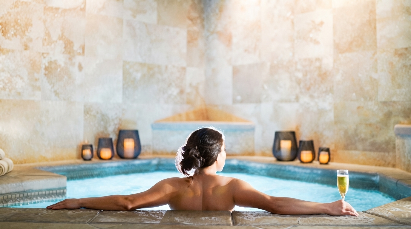 A person undergoing a high-tech health scan at an exclusive, futuristic wellness retreat in the Swiss Alps.