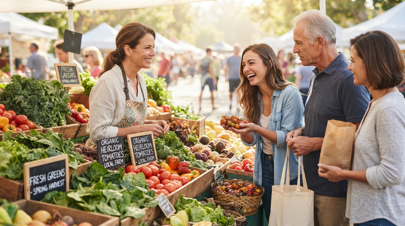 A bustling farmer's market scene showcasing fresh produce and transparent labeling, with shoppers engaging with vendors about product origins.