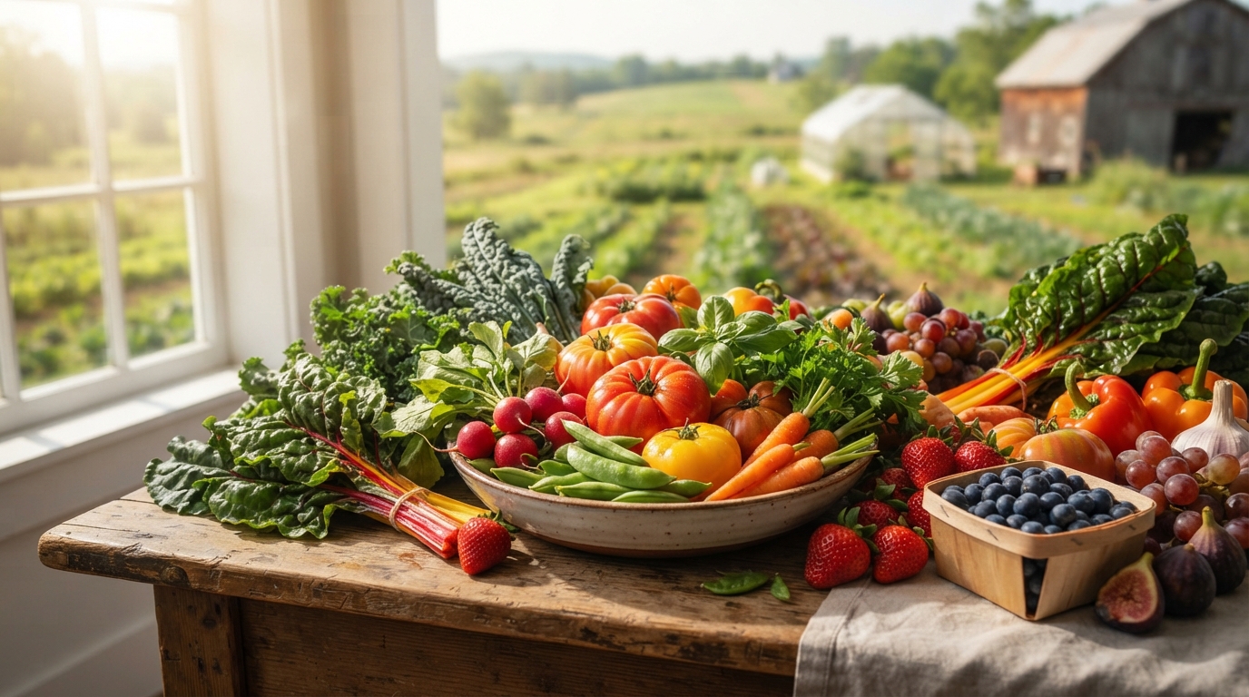 A colorful assortment of fresh organic fruits and vegetables, including apples, berries, leafy greens, and carrots, displayed on a wooden surface with natural lighting.